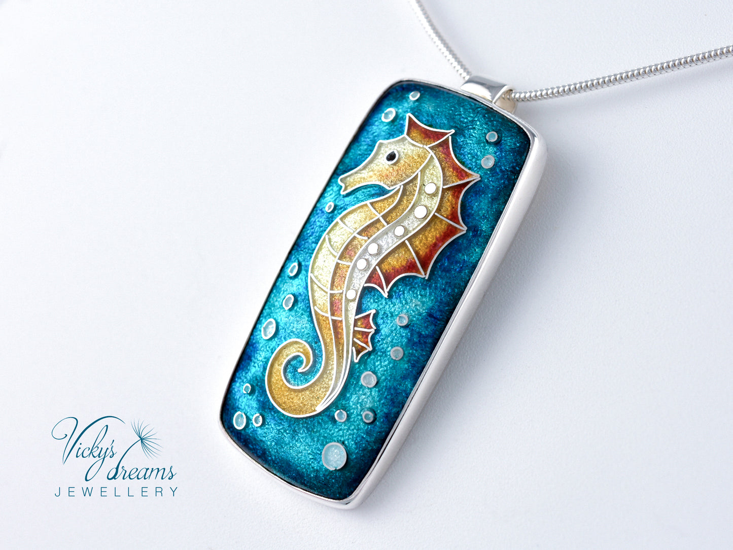 Vibrant colour seahorse, cloisonne enamel, silver necklace