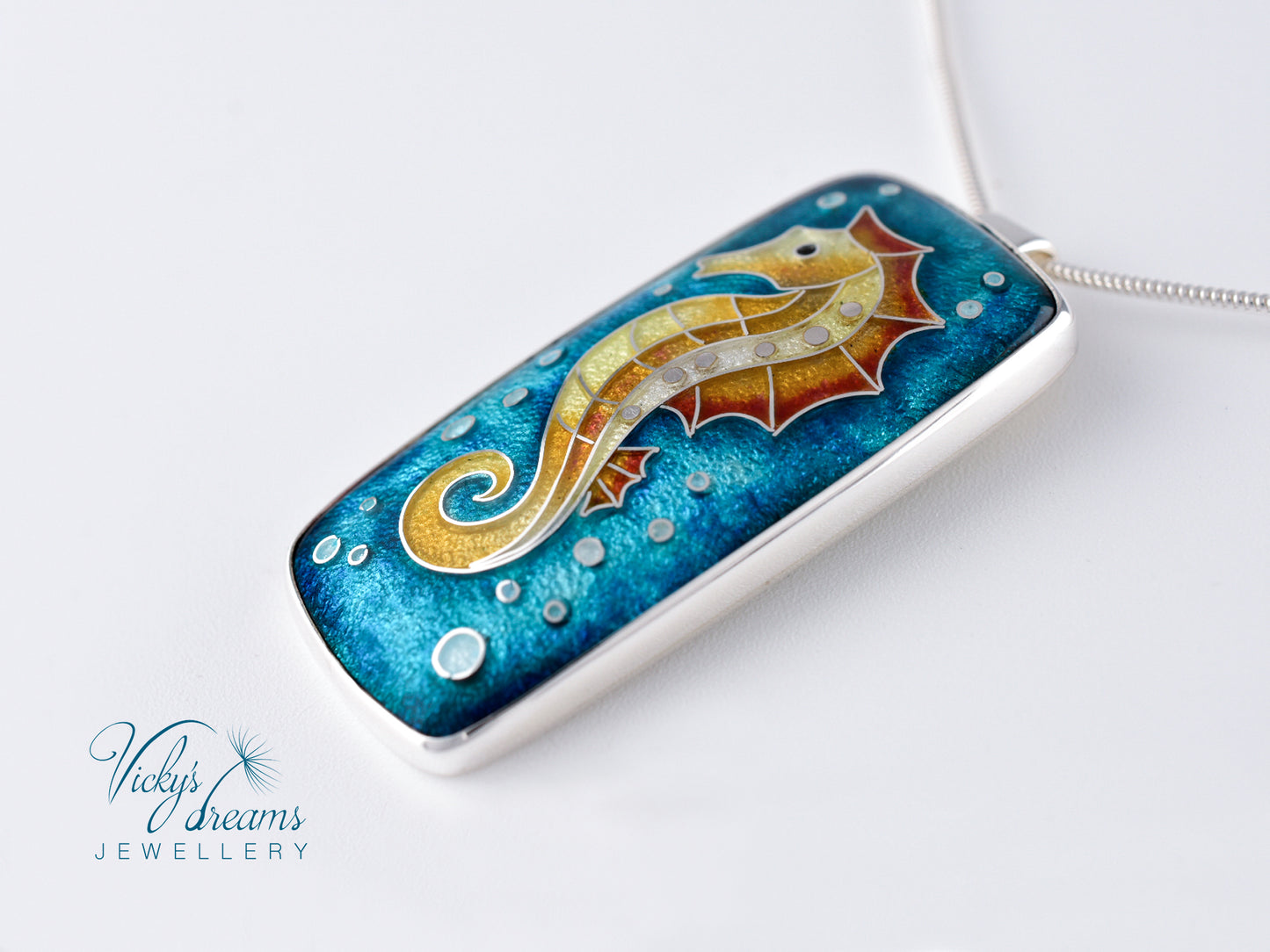 Vibrant colour seahorse, cloisonne enamel, silver necklace