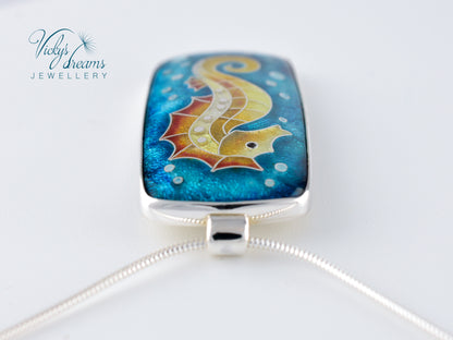 Vibrant colour seahorse, cloisonne enamel, silver necklace