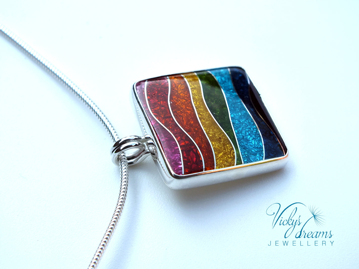 Vibrant color rainbow, sterling silver necklace, cloisonne enameled jewelry