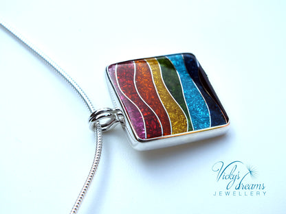 Vibrant color rainbow, sterling silver necklace, cloisonne enameled jewelry