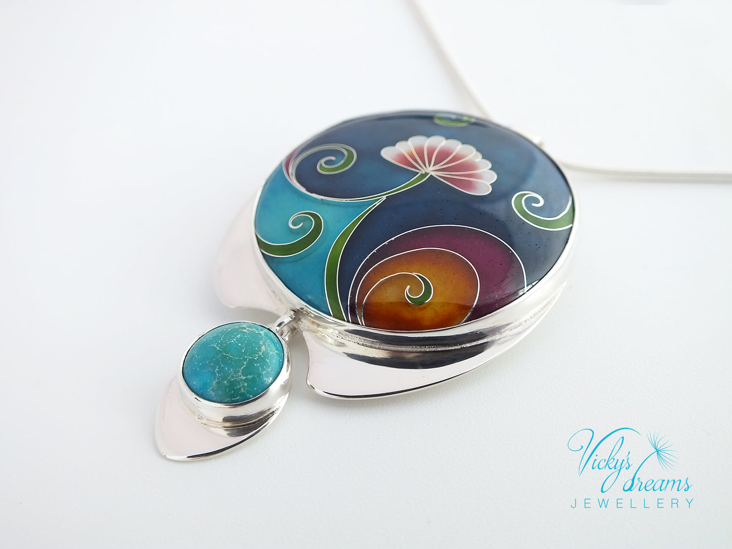 Vibrant color flower and tendrils with natural turquoise, sterling silver pendant, cloisonne enameled jewelry, handmade jewelry