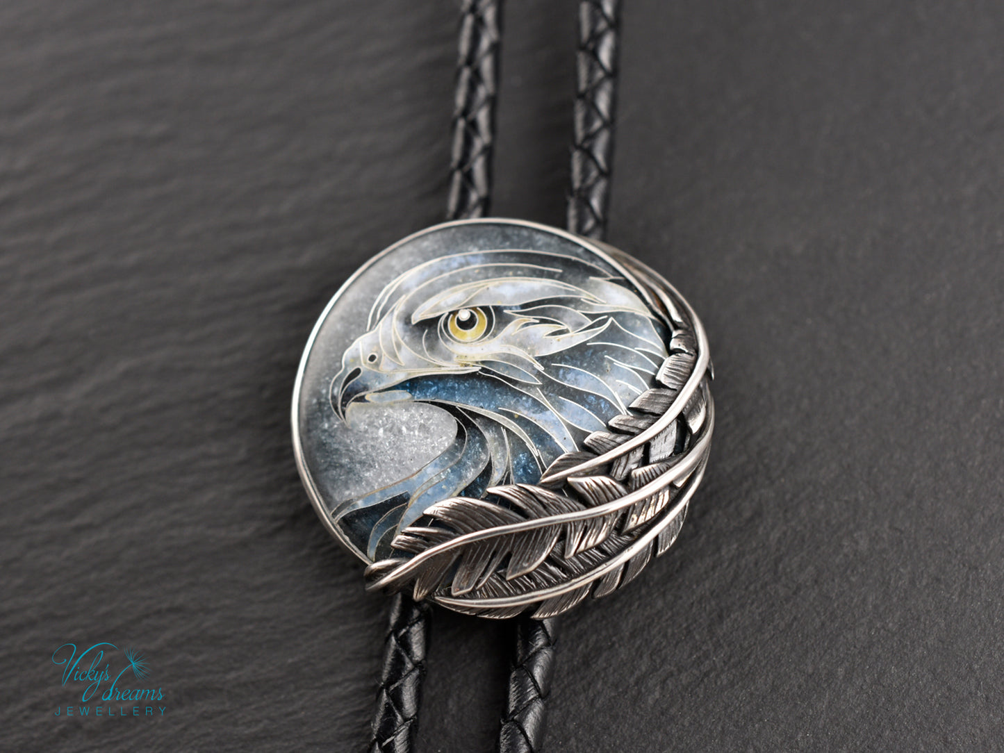 Eagle Spirit Bolo Tie – Cloisonné Enamel in Sterling Silver Feathers
