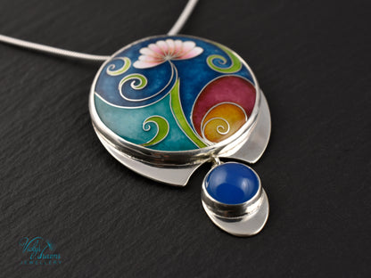 Boho flower Handmade Cloisonné Enamel Necklace – Vibrant Floral Design with Sterling Silver and Blue Agate
