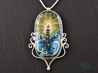 Handmade Cloisonné Enamel Pendant – Lighthouse in Ocean Waves – Symbolic Guiding Light Necklace