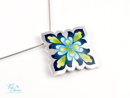 Vibrant Flower Mandala Necklace – Champlevé Enamel in Fine Silver