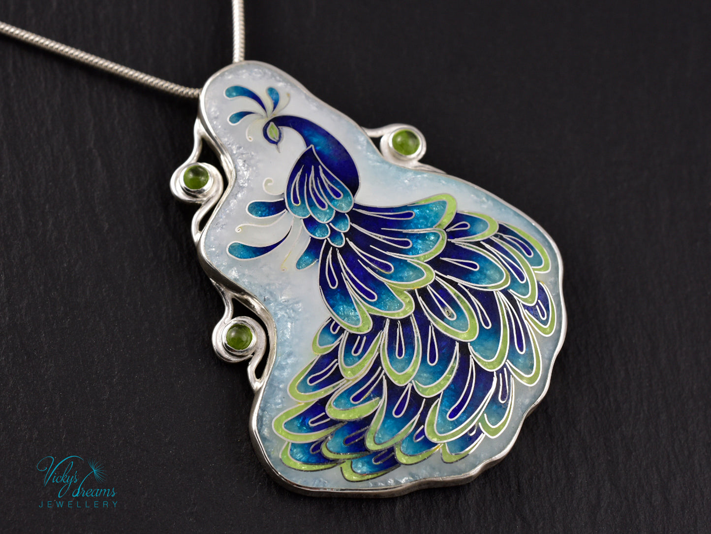 Handmade Cloisonné Enamel Peacock Necklace with Peridot – Symbol of Beauty & Protection, Sterling Silver