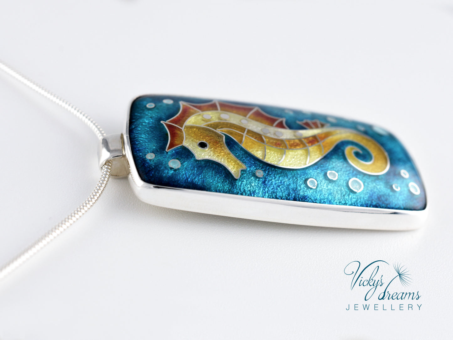 Vibrant colour seahorse, cloisonne enamel, silver necklace