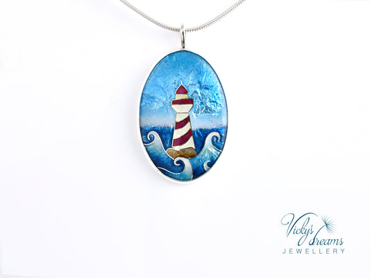 Vibrant color Lighthouse, sterling silver pendant, cloisonne enameled jewelry