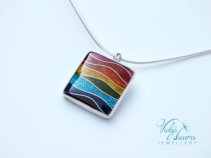 Vibrant color rainbow, sterling silver necklace, cloisonne enameled jewelry