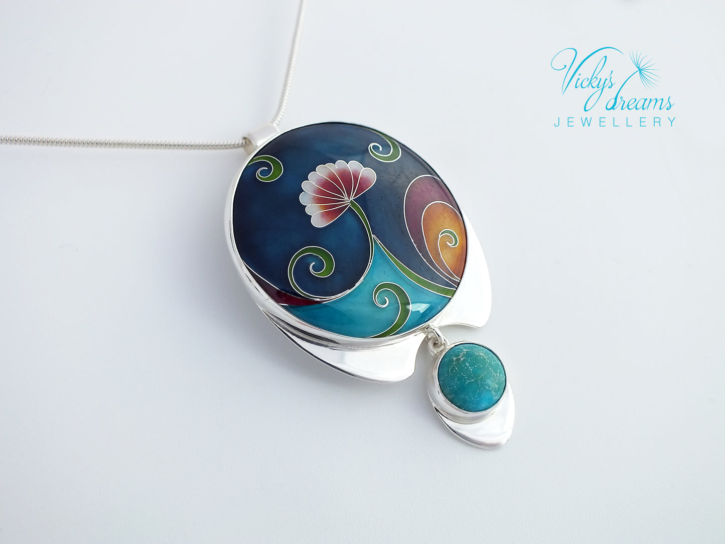 Vibrant color flower and tendrils with natural turquoise, sterling silver pendant, cloisonne enameled jewelry, handmade jewelry