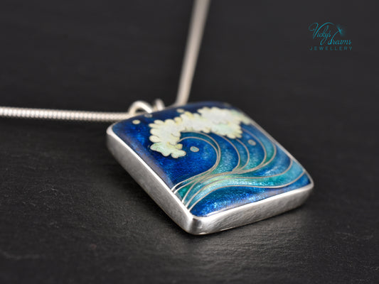 Voice of the Sea – Handcrafted Cloisonné Enamel Wave Pendant in Sterling Silver