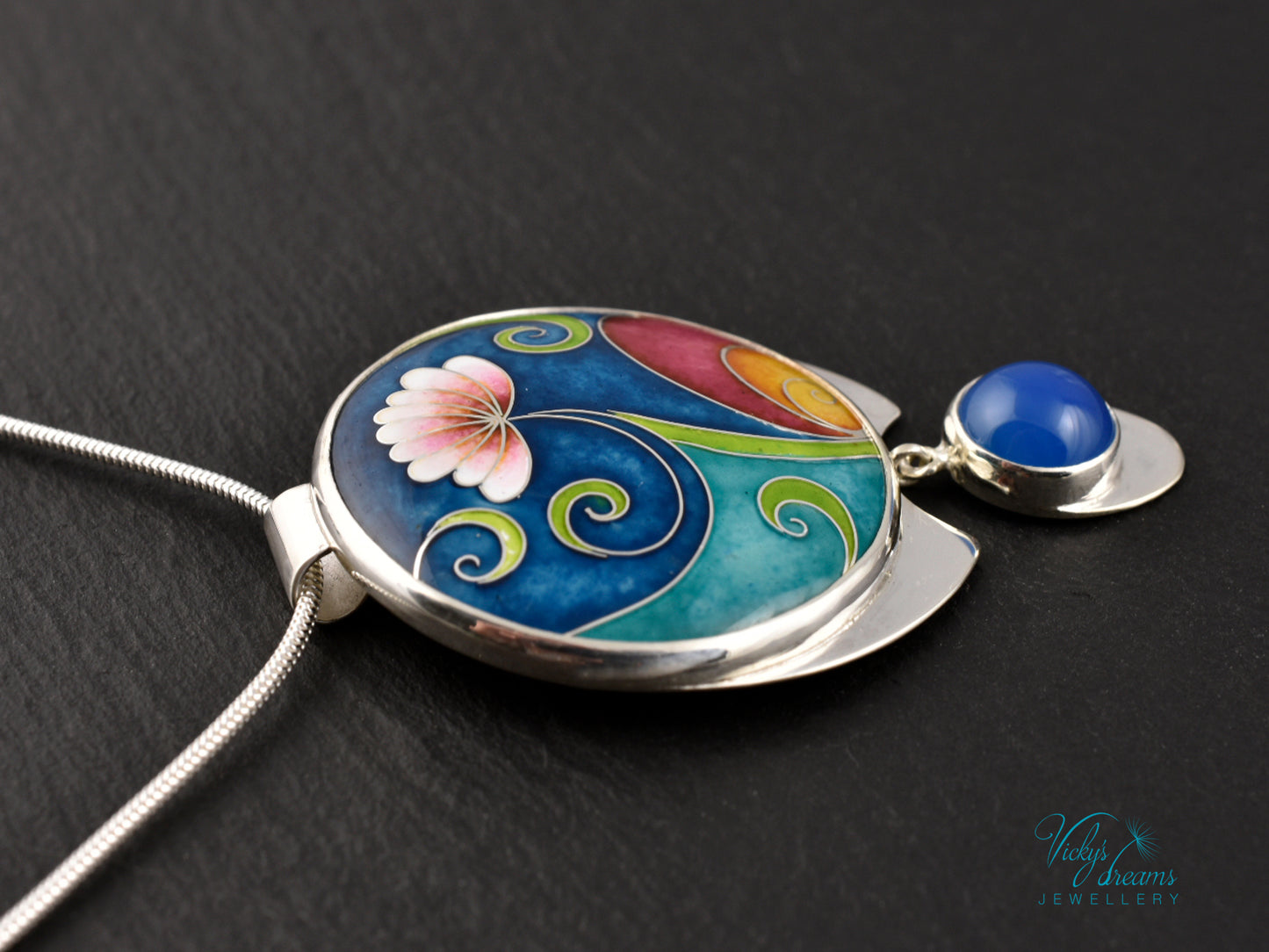 Boho flower Handmade Cloisonné Enamel Necklace – Vibrant Floral Design with Sterling Silver and Blue Agate