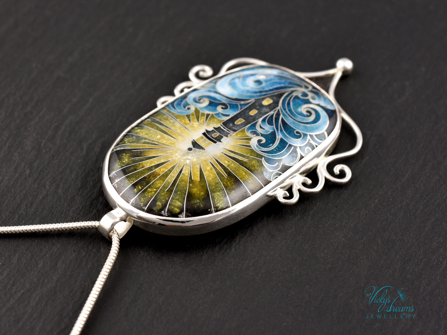 Handmade Cloisonné Enamel Pendant – Lighthouse in Ocean Waves – Symbolic Guiding Light Necklace