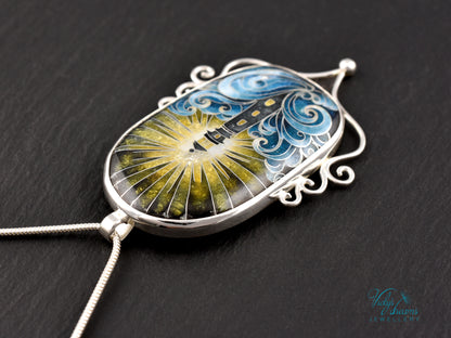 Handmade Cloisonné Enamel Pendant – Lighthouse in Ocean Waves – Symbolic Guiding Light Necklace