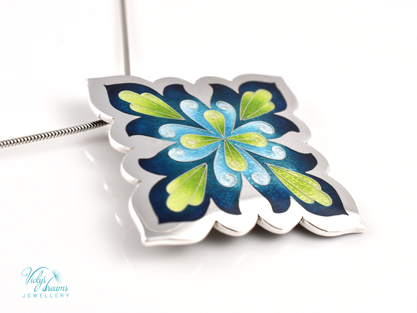 Vibrant Flower Mandala Necklace – Champlevé Enamel in Fine Silver