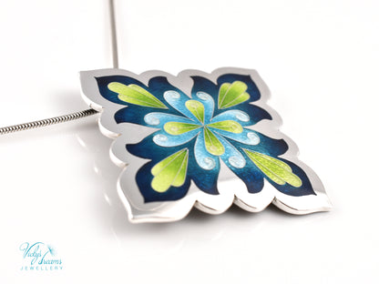 Vibrant Flower Mandala Necklace – Champlevé Enamel in Fine Silver
