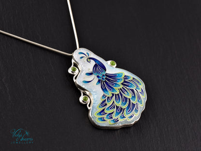 Handmade Cloisonné Enamel Peacock Necklace with Peridot – Symbol of Beauty & Protection, Sterling Silver