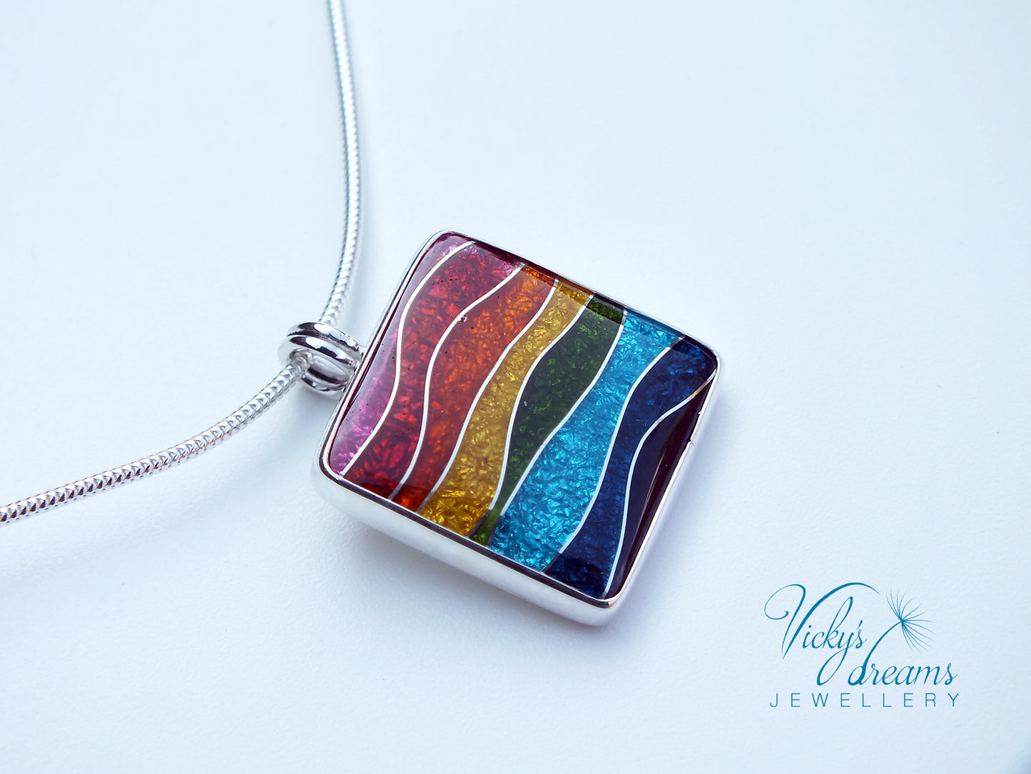 Vibrant color rainbow, sterling silver necklace, cloisonne enameled jewelry