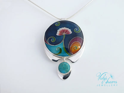 Vibrant color flower and tendrils with natural turquoise, sterling silver pendant, cloisonne enameled jewelry, handmade jewelry