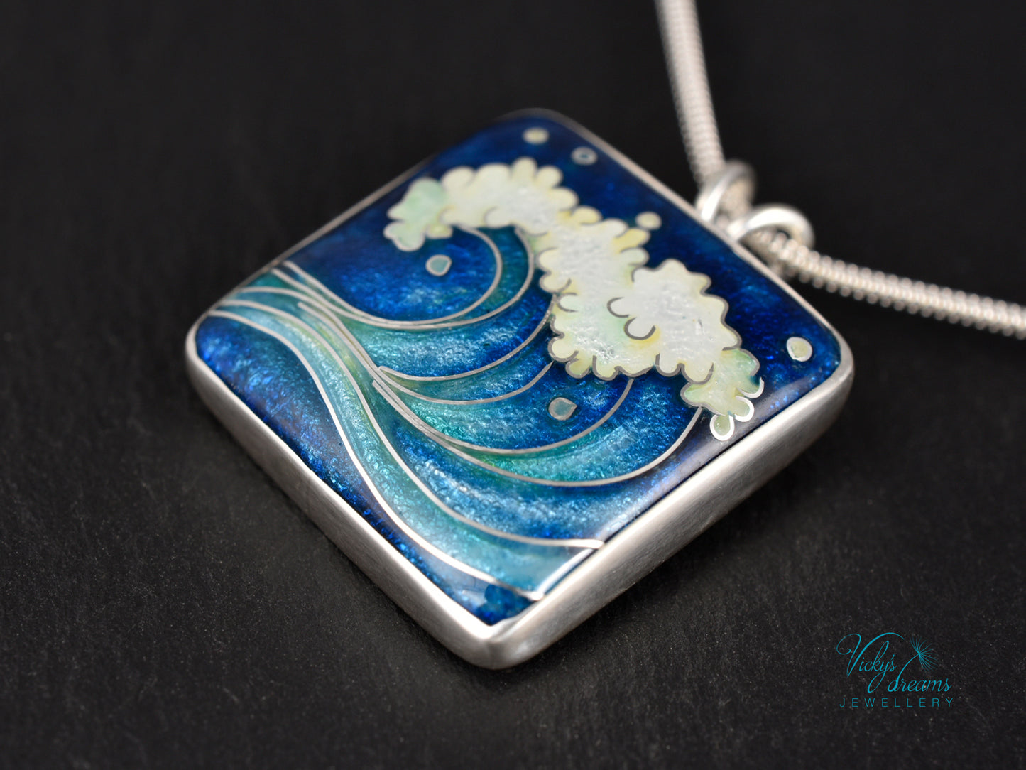 Voice of the Sea – Handcrafted Cloisonné Enamel Wave Pendant in Sterling Silver
