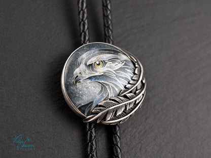 Eagle Spirit Bolo Tie – Cloisonné Enamel in Sterling Silver Feathers