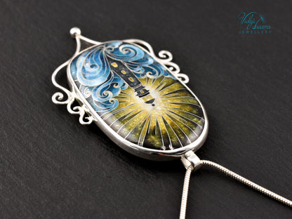 Handmade Cloisonné Enamel Pendant – Lighthouse in Ocean Waves – Symbolic Guiding Light Necklace