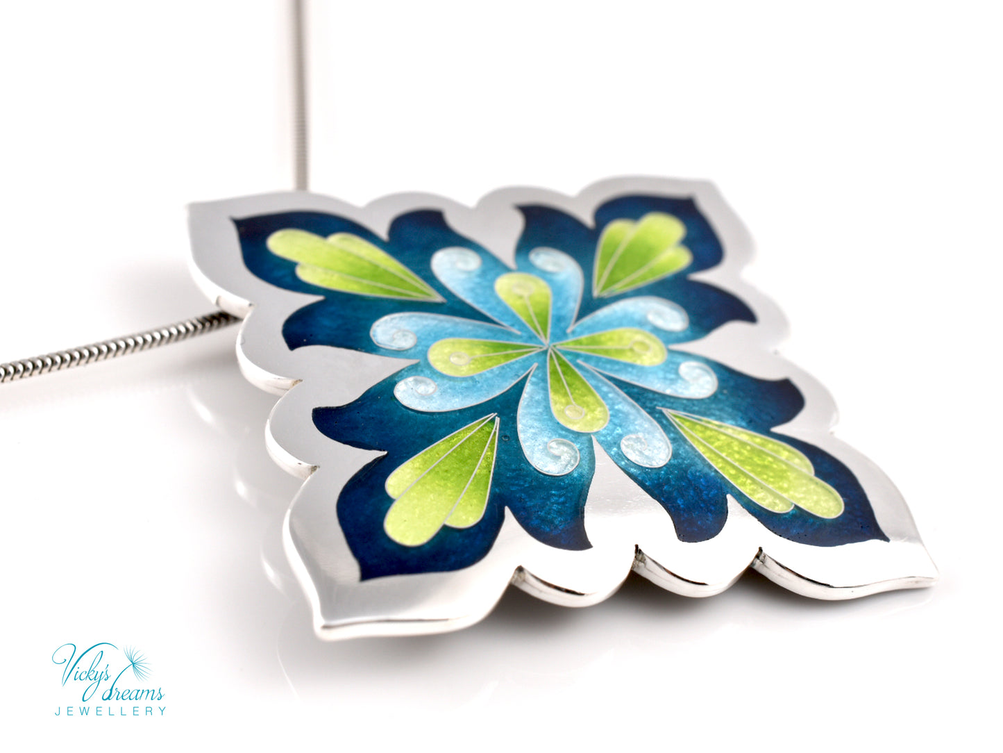 Vibrant Flower Mandala Necklace – Champlevé Enamel in Fine Silver