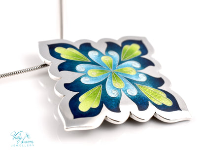 Vibrant Flower Mandala Necklace – Champlevé Enamel in Fine Silver