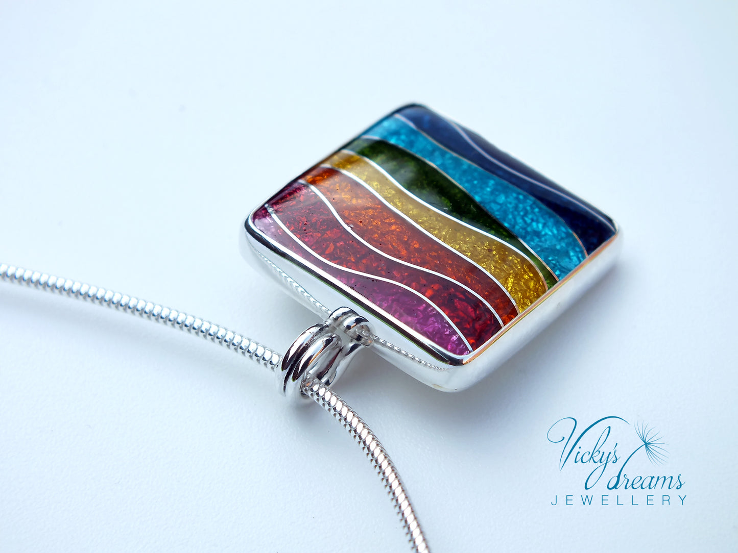 Vibrant color rainbow, sterling silver necklace, cloisonne enameled jewelry