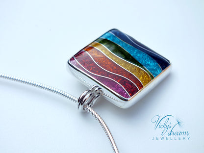 Vibrant color rainbow, sterling silver necklace, cloisonne enameled jewelry