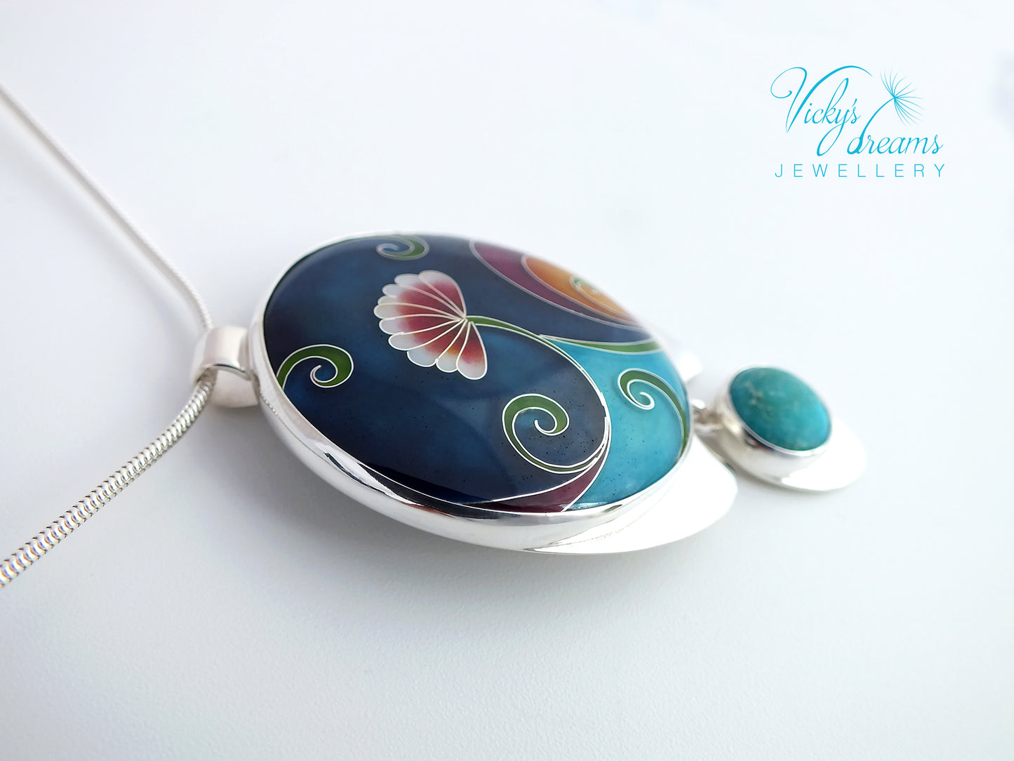 Vibrant color flower and tendrils with natural turquoise, sterling silver pendant, cloisonne enameled jewelry, handmade jewelry