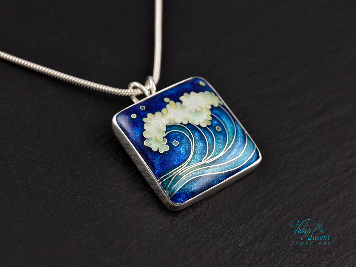Voice of the Sea – Handcrafted Cloisonné Enamel Wave Pendant in Sterling Silver