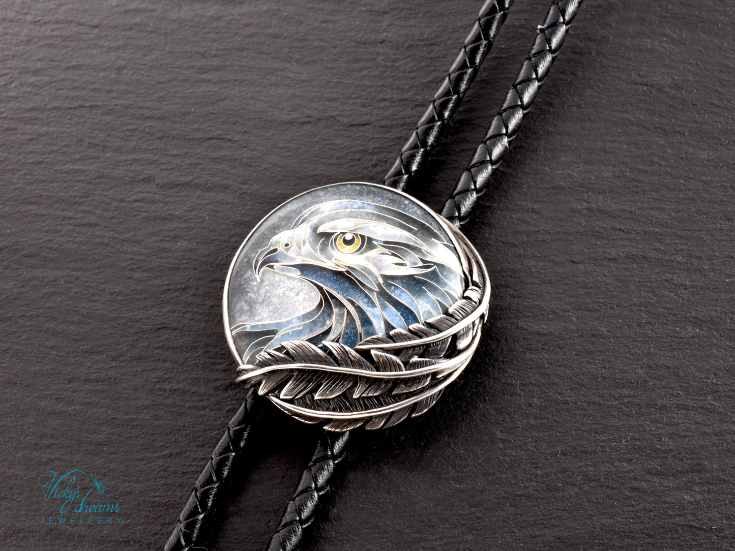 Eagle Spirit Bolo Tie – Cloisonné Enamel in Sterling Silver Feathers