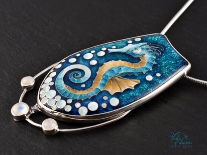 Seahorse Necklace – Cloisonné Enamel with Rainbow Moonstones