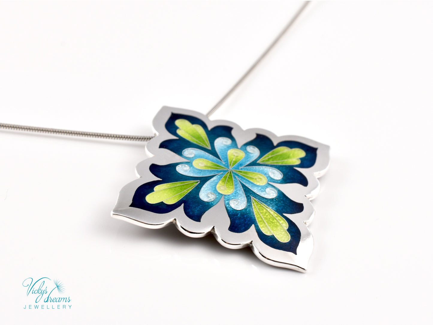 Vibrant Flower Mandala Necklace – Champlevé Enamel in Fine Silver