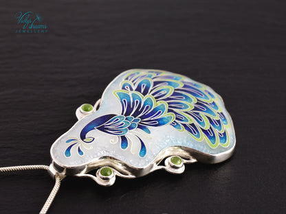 Handmade Cloisonné Enamel Peacock Necklace with Peridot – Symbol of Beauty & Protection, Sterling Silver