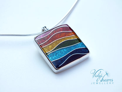 Vibrant color rainbow, sterling silver necklace, cloisonne enameled jewelry