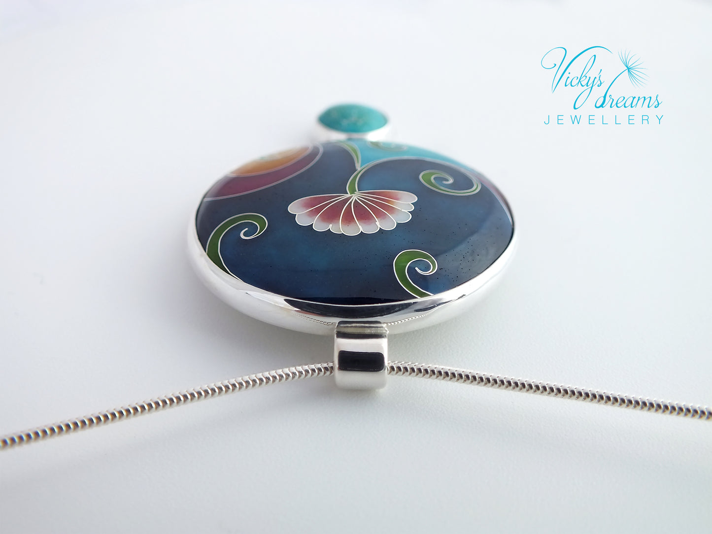 Vibrant color flower and tendrils with natural turquoise, sterling silver pendant, cloisonne enameled jewelry, handmade jewelry