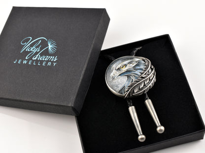 Eagle Spirit Bolo Tie – Cloisonné Enamel in Sterling Silver Feathers