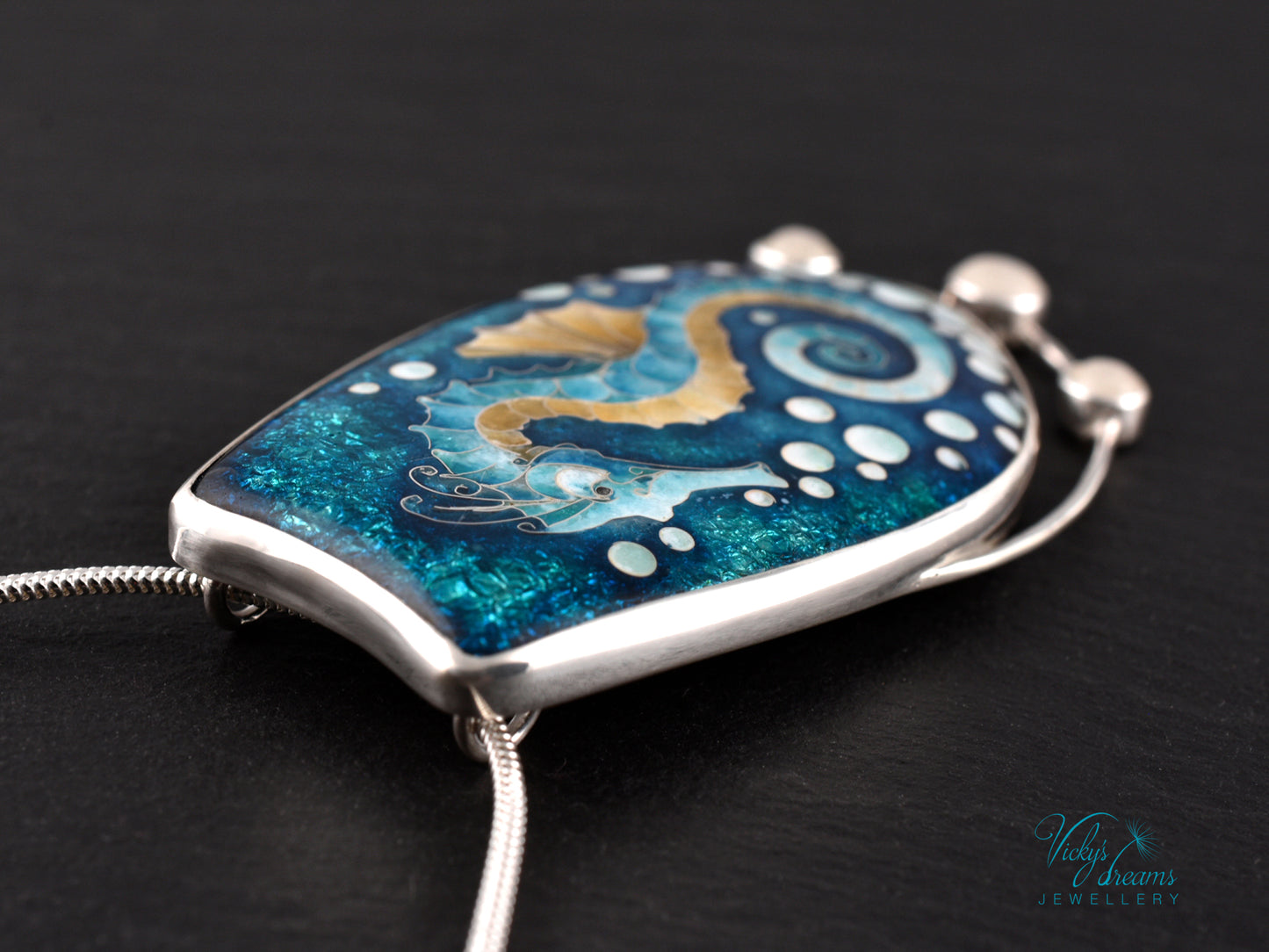 Seahorse Necklace – Cloisonné Enamel with Rainbow Moonstones