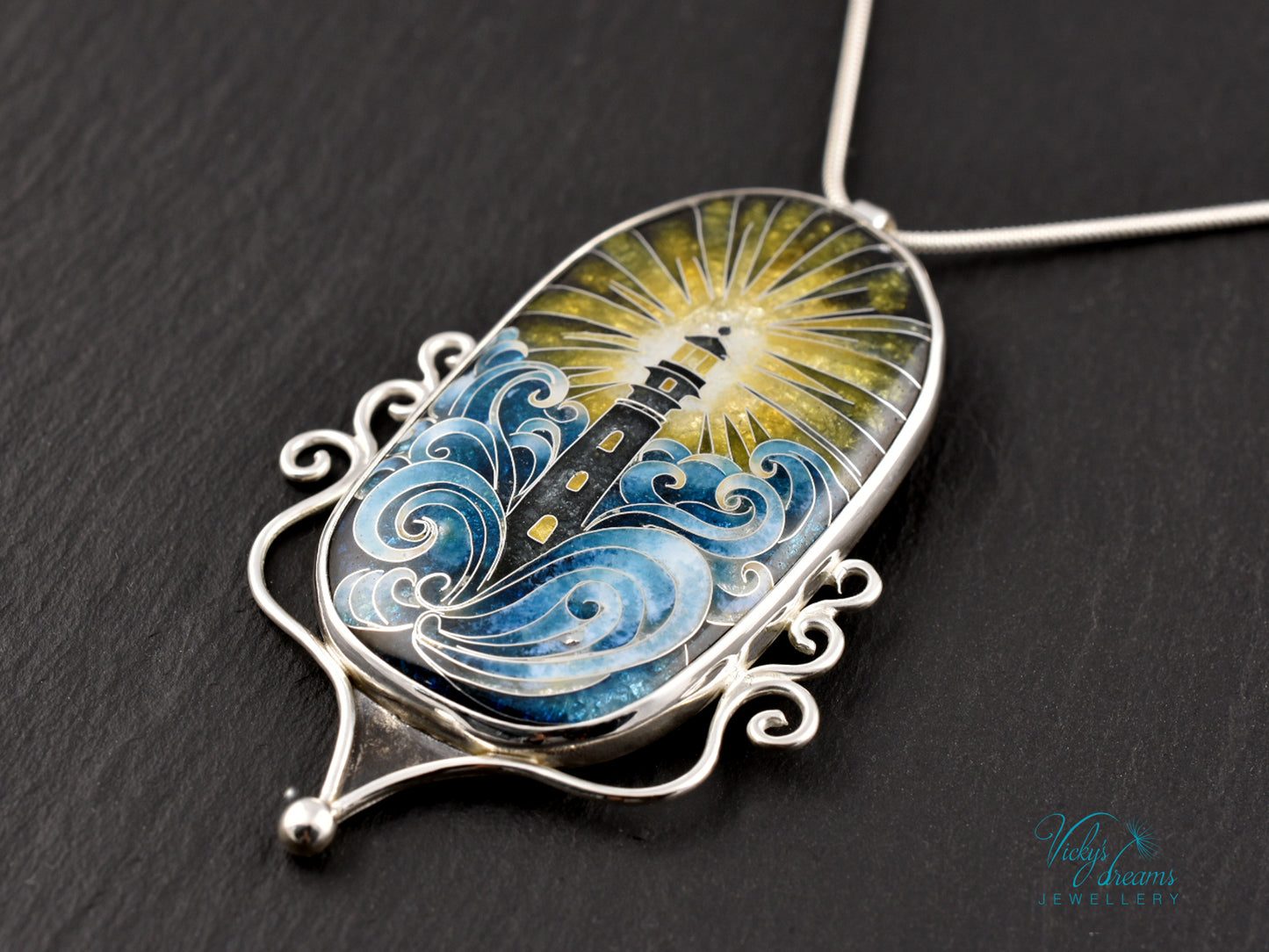 Handmade Cloisonné Enamel Pendant – Lighthouse in Ocean Waves – Symbolic Guiding Light Necklace