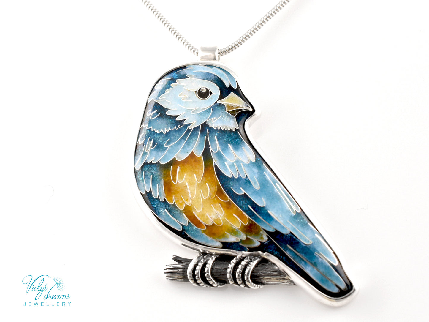 Handmade Cloisonné Bird Pendant – Enamel Necklace in Sterling Silver – Colorful Songbird Jewelry – Nature-Inspired Artisan Gift