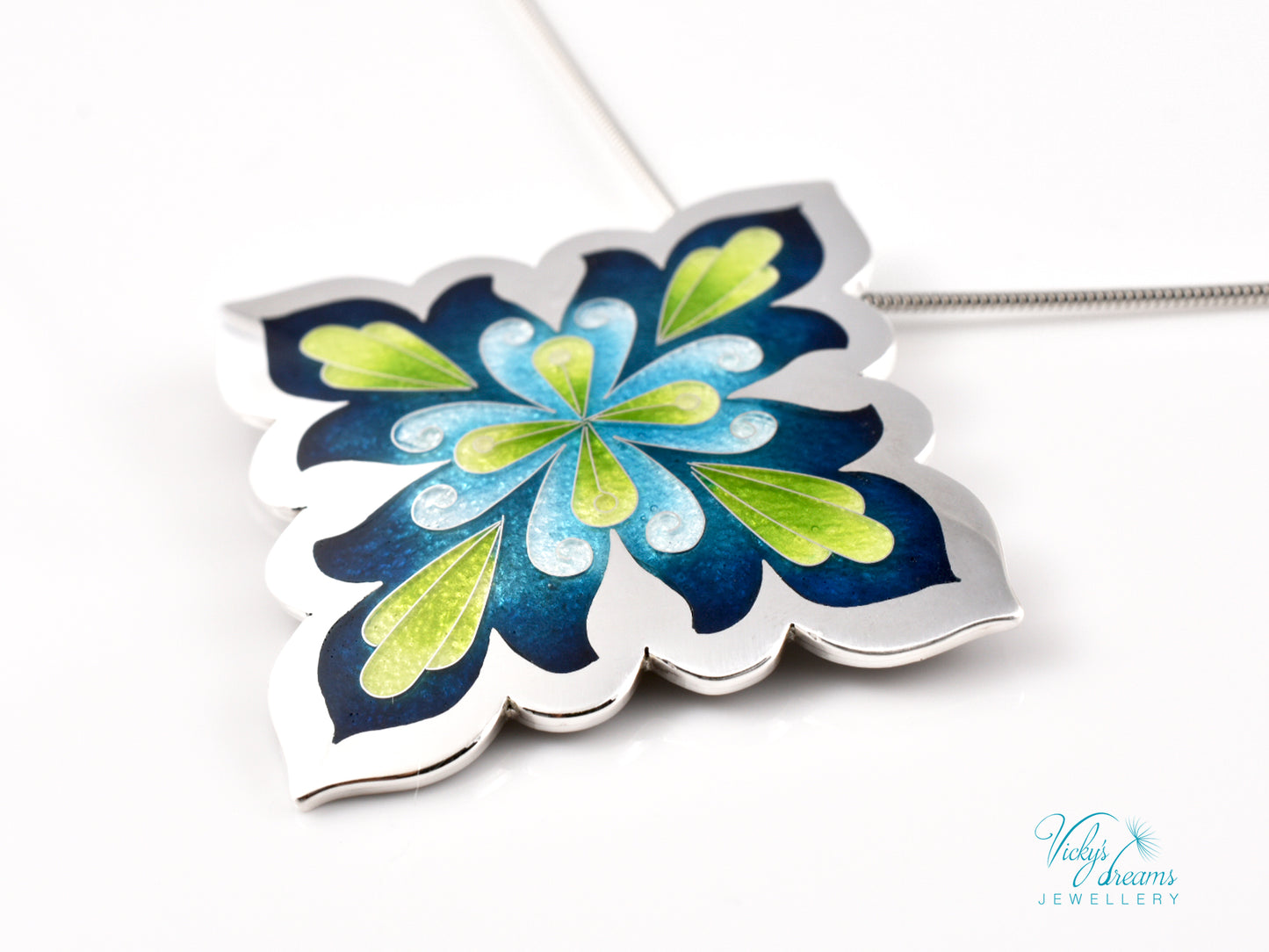 Vibrant Flower Mandala Necklace – Champlevé Enamel in Fine Silver