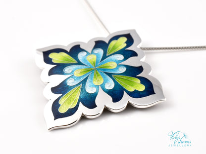 Vibrant Flower Mandala Necklace – Champlevé Enamel in Fine Silver