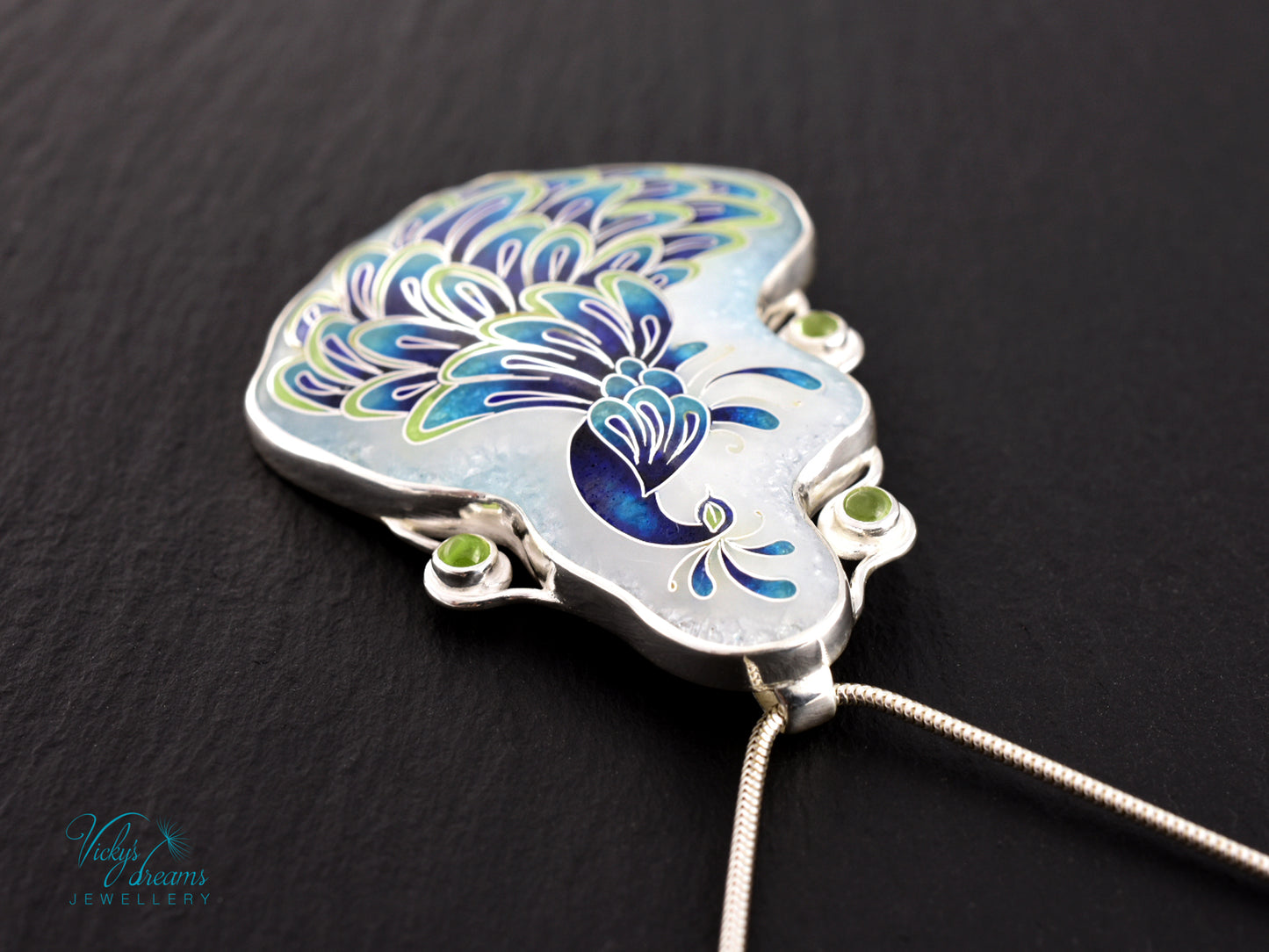Handmade Cloisonné Enamel Peacock Necklace with Peridot – Symbol of Beauty & Protection, Sterling Silver