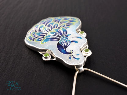 Handmade Cloisonné Enamel Peacock Necklace with Peridot – Symbol of Beauty & Protection, Sterling Silver