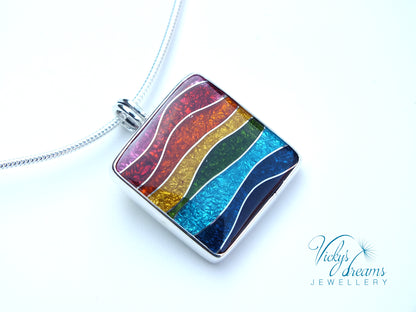 Vibrant color rainbow, sterling silver necklace, cloisonne enameled jewelry