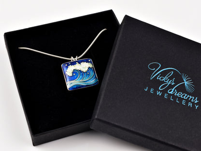Voice of the Sea – Handcrafted Cloisonné Enamel Wave Pendant in Sterling Silver