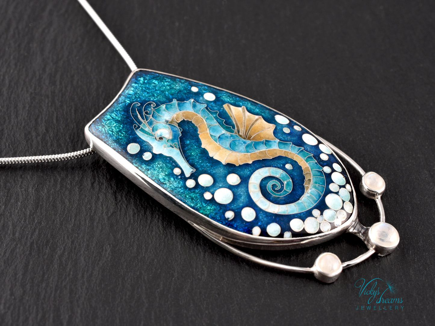 Seahorse Necklace – Cloisonné Enamel with Rainbow Moonstones